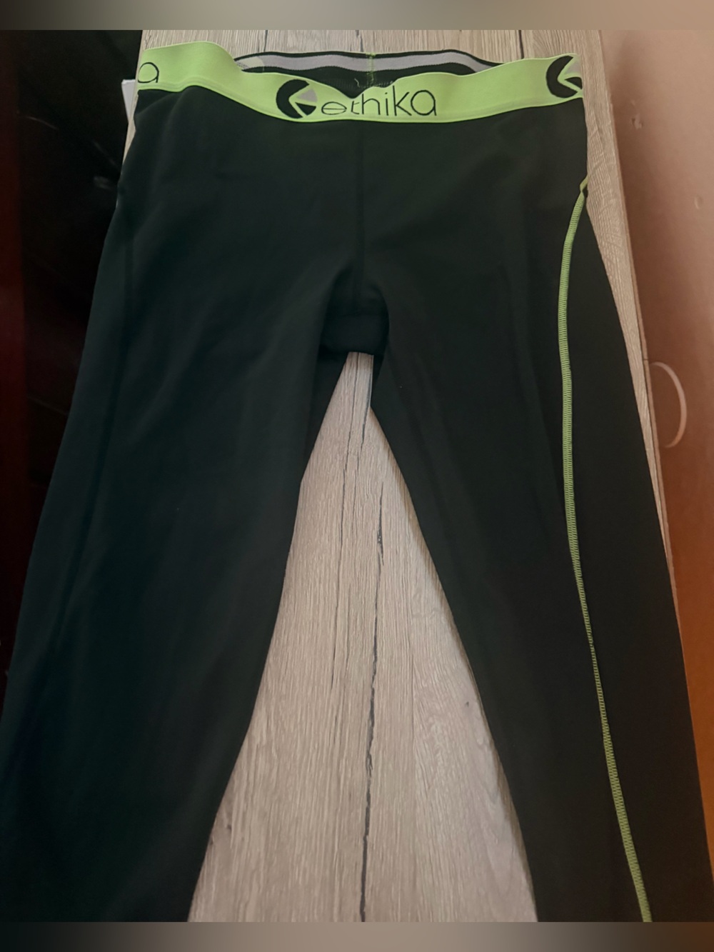 ethika Black Leggings with Neon Green Waistband and Piping